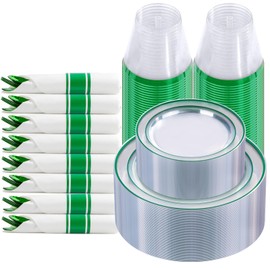 I00000 210 Pcs Green Plastic Dinnerware Set for 30 Guests Include: 30 Dinner Clear Green Plastic Plates, 30 Dessert Party Plates, 30 Pre Rolled Napkins with Cutlery Set, 30 Cups for Wedding