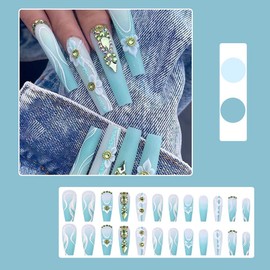 Coffin Press on Nails Long Fake Nails Green False Nails with Glitter Designs Stick on Nails 3D Flower Glue on Nails Glossy Rhinestones Artificial Nails for Women 24 pcs