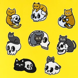 Wikineon Iron On Patches, Skull Cat Patches, Punk Funny Embroidered Badge Iron/Sew on Applique Repair Patches, DIY Accessories for Clothes Jeans Backpacks Jackets Pants Hats Vest