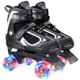 Nattork Kids Roller Skates for Boys Girls, 4 Sizes Adjustable Roller Skates with All Light up Wheels, Full Protection for Children's Indoor Outdoor Sports(Black,4Y-7Y)