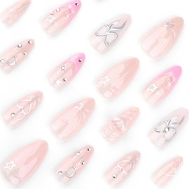 FIEONCIY Press on Nails Almond Shaped Glossy Full Cover Medium Almond Acrylic False Nails with Designs Artificial Almond Fake Nails with Charms Glue Stick on Fingernails for Women Girls(JP3626)