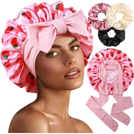 Heniho 1+3 gorros grandes de satén con coleteros para mujer, gorro de doble capa para el pelo, ideal para dormir, trenzas, cabello rizado, J