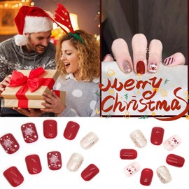 Christmas False Nails with Glue, Christmas Fake Nails Press on Nails, Red Burgundy Gold Glitter Reindeer Snowflake, French Stick on Nails for Women and Girls Nail Art Decoration Accessories