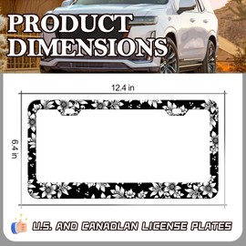 HCSS Black and White Flowers Leaves License Plate Frame,Beautiful Floral Stainless Steel License Plate Holder Covers, Rust-Proof Waterproof Car Decorative Tag Frames for Standard US 12x6 Inch