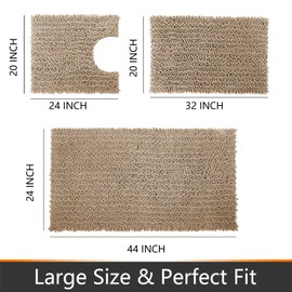Yimobra 3 Piece Shaggy Chenille Bath Mat Sets, Extra Large Bathroom Mats 44.1x24 + Bathroom Rugs 31.5x19.8 + Toilet Mat 24.4x20.4, Soft Comfortable, Water Absorbent, Non-Slip, Machine Washable, Beige