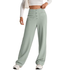 EVALESS Plus Size Womens High Waist Button Stretchy Work Pants Straight Leg Office Ladies Dress Pant Business Casual Trousers Comfy Loose Slacks Trendy 2025 Womens Pants with Pocket Green XX-Large
