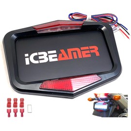 ICBEAMER Waterproof Universal Fit Most Motorcycle License Plate Frame w/ 6+ Flashing LED Tail +Brake Light [Matte Black]