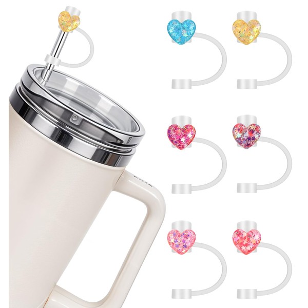6pcs Heart Straw Toppers, Reusable Heart Straw Covers, Shiny Silicone