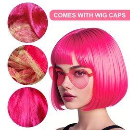 SAIIURV 3 Pieces Bob Wig Cabaret Pagehead Pagen Charleston Synthetic Neon Wig Women Bob Wig with Neon Glasses and Hair Net Wigs for Carnival Fancy Dress Theme Party (Pink)