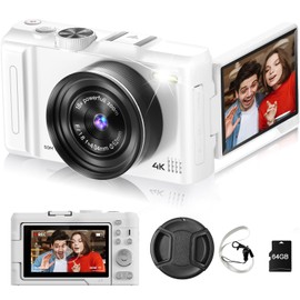 4K Digital Camera for Photography and Video, 50MP Vlogging Camera for YouTube with 3" 180° Flip Screen, 18X Digital Zoom Point and Shoot Camera with 64GB Micro SD Card for Beginner (White)