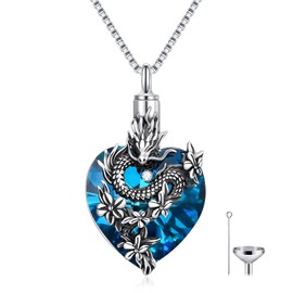 PROESS Dragon Urn Necklace 925 Sterling Silver Dragon Cremation Necklace Heart Crystal Dragon Ashes Pendant Necklace Dragon Jewelry Gifts for Women Men for Birthday Christmas