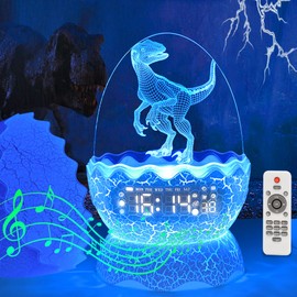 New Dinosaur Egg Clock Velociraptor Night Light Kid's Room Decoration Clock, Remote Control Multi Colors & Music Voice, Cool Dinosaur Decor & Gift Ideal for Kids/Adults