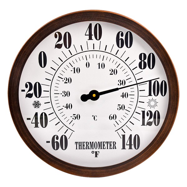 12'' Indoor Outdoor Weather Thermometer, Garden Wall Thermometer for Patio, Wall Thermometer with Stainless Steel Enclosure, No Battery Needed Hanging Decorative Thermometer (Bronze)