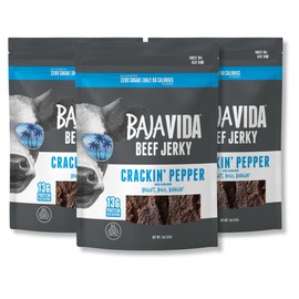 Baja Beef Jerky - 100% All Natural Beef Jerky, Keto Jerky, Gluten Free, Low Calorie Craft Jerky, 13g Protein per Serving, No Nitrates or Added Hormones - Crackin' Pepper, 2 oz Bag (Pack of 3)