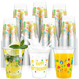 Potchen 100 Pcs 12 oz Happy Retirement Plastic Cups Disposable Tropical Party Cups Plastic Hawaiian Cups Clear Luau Cups for Retirement Party Decorations Women Men Summer Wine Cocktail Supplies