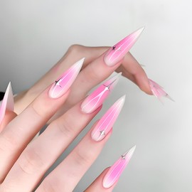 RUOKEXIN Long Press on Nails Stiletto Fake Nails Pink Ombre False Nails with Designs Almond Nail Press ons Sparkly Artificial Nails Acrylic Glue on Nails Cute Stick on Nails for Women 24Pcs