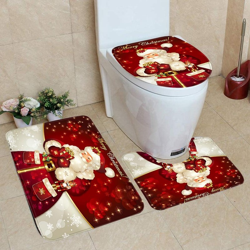 3Pcs Christmas Mat Sets Santa Claus Non Slip Mat Bathroom