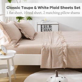 K MASANIJI Taupe White Plaid Ruffle Sheets Twin Size 4-Piece Set, 300TC 100% Yarn Dyed Cotton Sheets Deep Pocket Farmhouse Gingham Decorative Bedding (Taupe/White Plaid, Twin)