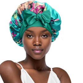 YENTEN Women's Satin Silk Sleeping Cap, Adjustable Satin Night Sleeping Hair Care Cap, Soft Elastic Band Silk Hair Cap for Women with Curly Braids (Floral Pattern) Green