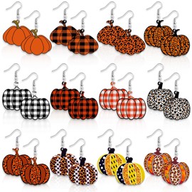 Juego de 12 pares de aretes de otoño de Acción de Gracias para mujer, leopardo, calabaza, hoja de arce, pavo, girasol, pino, cono, gota, aretes colgantes para otoño, Acción de Gracias, Acrílico, Acrílico