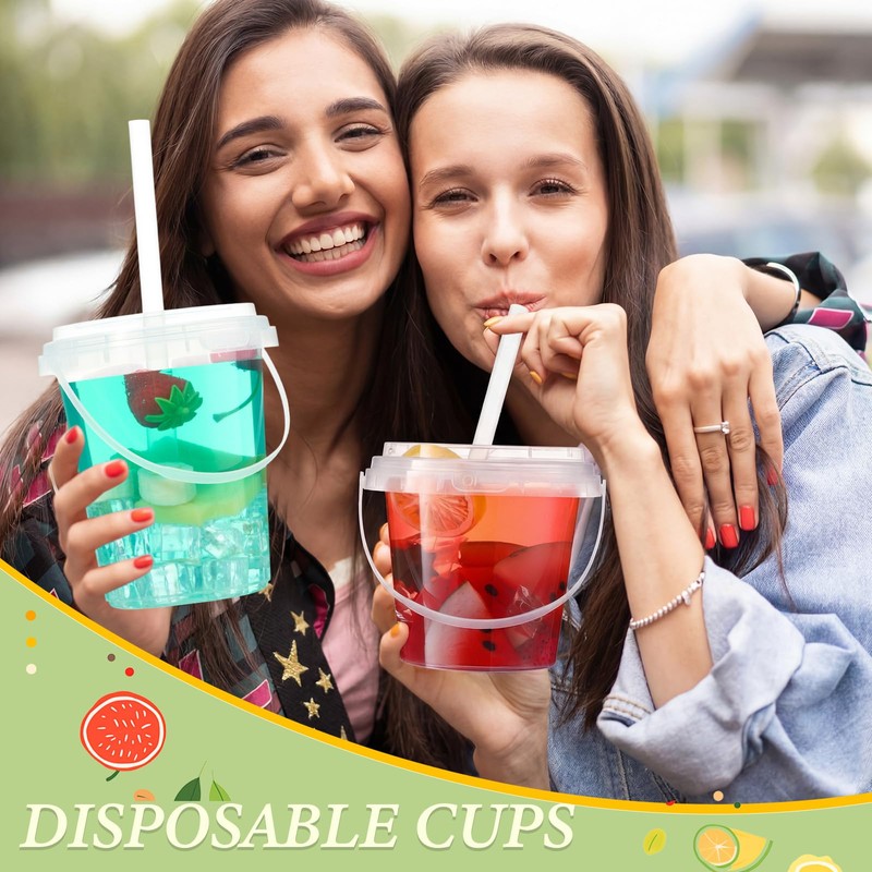 Funnymoom 50 Sets Clear Plastic Drink Buckets with Handles, Lids