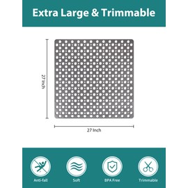 Large Square Shower Mat, Yonala 27 x 27 Inch Non Slip Shower Mats for Inside Shower, Soft TPE Shower Floor Mat with Suction Cups and Drain Holes, Machine Washable Bathroom Shower Mat, Easy to Clean
