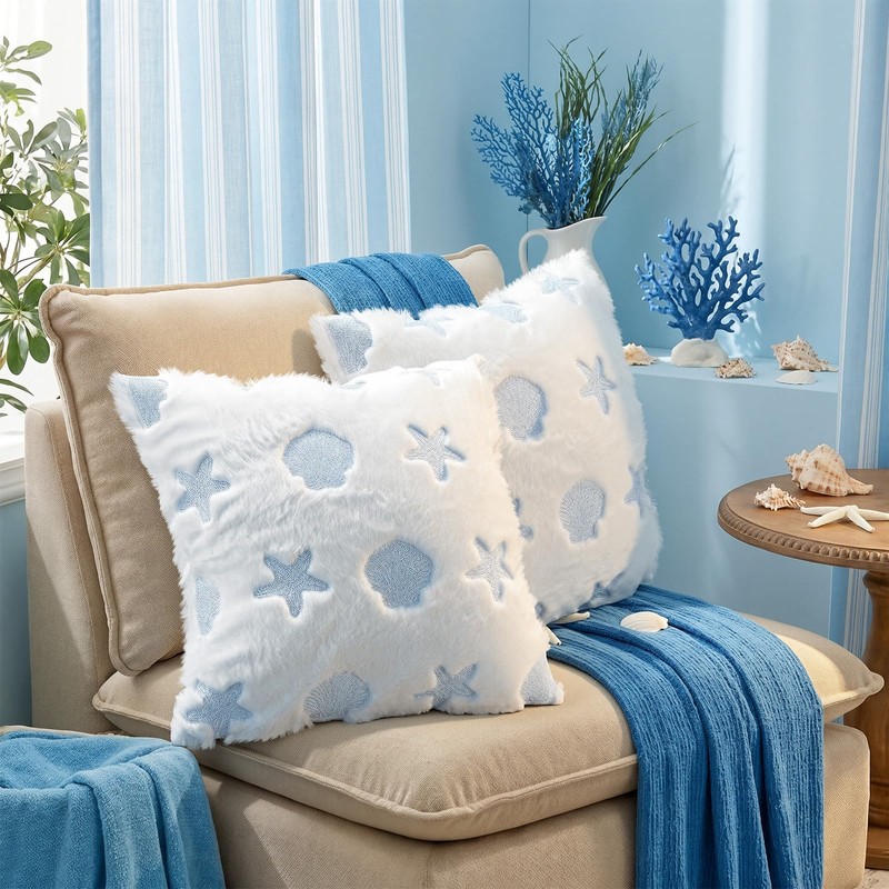 Irenare 2 Pcs Seashell Throw Pillow Covers 18x18 Embroidered Scallop