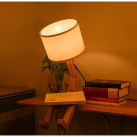 ELINKUME Robot Bedside Lamp, Fabric Lampshade Match Foldable Solid Wood Body, Creative E27 Screw Table Lamp for Bedroom Living Room