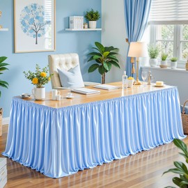 6Ft Baby Blue Satin Table Skirt for Rectangle or Round Tables, Wrinkle-Free & Ruffle Pleated Teacher Desk Skirt Sparkly Spandex Table Skirting for Home Office & Kitchen, Trade Shows, Wedding Party