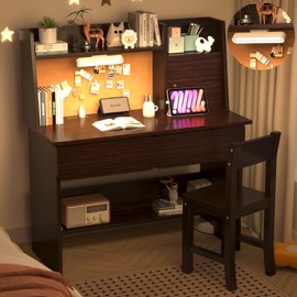 SFDOU Espresso Desk and Chair Set for 5-12 Year Old,Kids Study Desk with 3-Color Lights, Kids Study Table with Charging Station, Study Table with Drawers and Storage Shelf-XD10