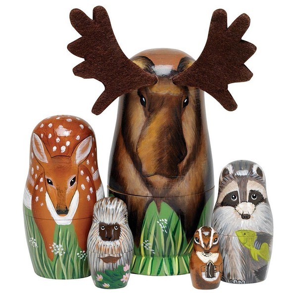 Bits and Pieces - "Woody and Friends" American Woodland Creatures Nesting Dolls - Hand Painted Wooden Animal Figurines - Set of 5