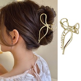FRUZJAY Bow Hair Clips, Large Hair Claw Clip Gold Metal Hair Clip Bowknot Claw Clips Non-Slip Strong Hold Hair Jaw Clip Bow Tie Hair Barrettes Ribbon Hair Accessories for Women Girls Hair Decoration