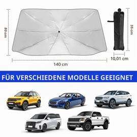 Car Parasol, Sun Protection Car Windscreen Interior 140 x 79 cm, with Leather Pockets, Foldable, 360° Rotatable, UV Protection and Heat Protection, for Most Cars, SUVs, Trucks