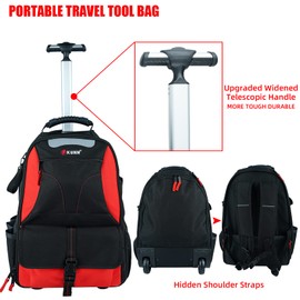 KUNN Rolling Tool Bag Backpack,Heavy Duty Tool Bags with Wheels,Water Resistant Roller Tool Backpack 37-Pocket and Multi-purpose Tool Organizer Red
