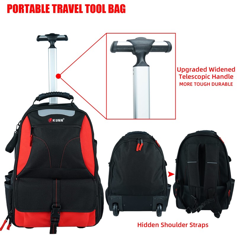 KUNN Rolling Tool Bag Backpack,Heavy Duty Tool Bags with Wheels,Water