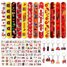 Fireman Party Bags, Fire Brigade Decoration Children's Birthday, 10 Keyrings, 12 Snap Bracelets, 10 Temporary Tattoos, Fire Brigade Toy, Fire Brigade Toy for Boys