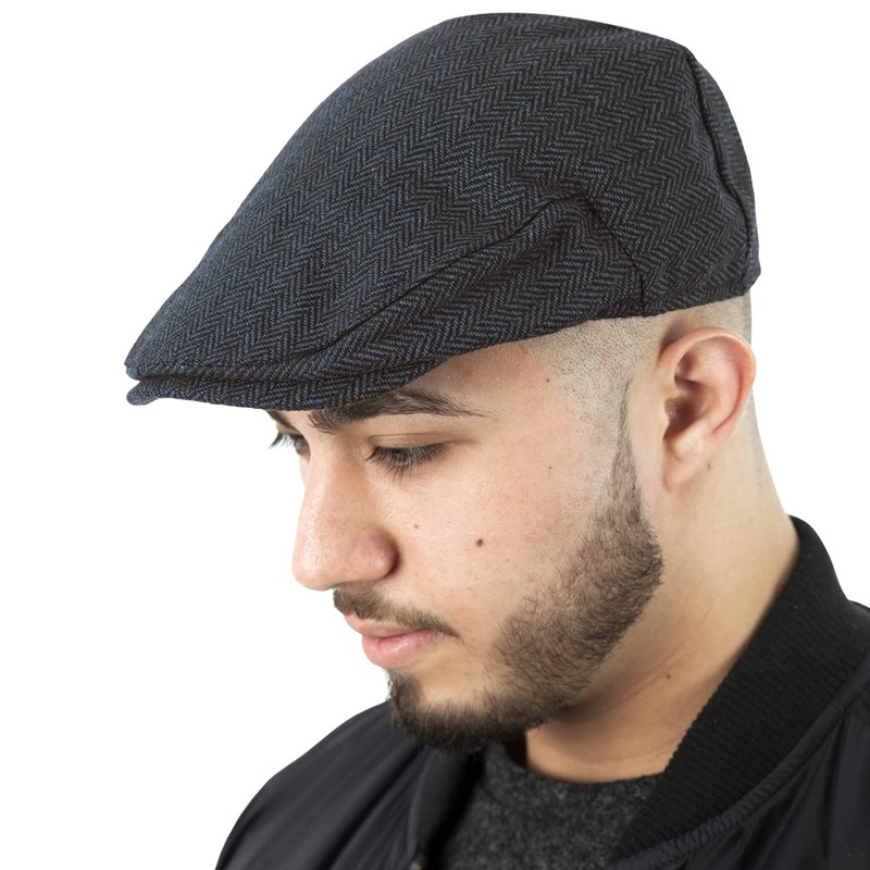 TOSKATOK Men's Checked Wool Blend Tweed Cap Flat, Slate Herringbone