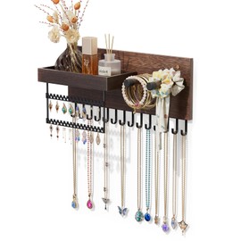 Lolalet Wall Mounted Hanging Jewelry Organizer, 15 Hooks Wooden Necklaces Holder with Storage Shelf, Easy Install Earrings Bracelets Hanger -Brown