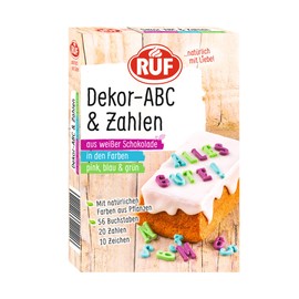 RUF Dekor ABC-Buchstaben und Zahlen, aus weißer Schokolade mit natürlichen Farben aus Lebensmitteln, in grün, pink und blau, glutenfrei, 1x32g (Die Verpackung kann variieren)