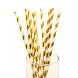 Paper Straws 100pcs Biodegradable Recyclable Drinking Straws for Party Birthday Wedding (Golden White Stripe)
