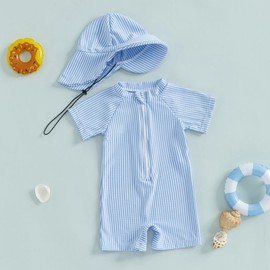 Nibbcoa Toddler Baby Boys Seersucker Short Sleeve One Piece Rash Guard Swimsuit Zipper Bathing Suit Swimwear with Hat (Blue, 0-3 Months)