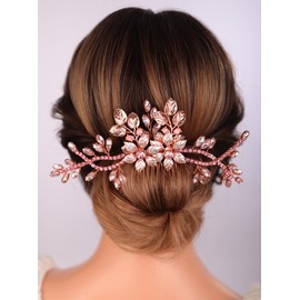 Teyglen Flower Bride Wedding Hair Comb Pink Rhinestone Wedding Hair Comb Gold Silver Leaf Headpiece Handmade Crystal Hair Piece Hair Accessories for Women Girls (Rose gold)
