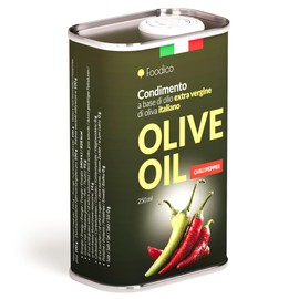 Foodico Olivenöl mit Chili – Extra Natives Olivenöl kaltgepresst, aromatisiert mit natürlichem Chili – 250 ml Metall-Dose aus Italien