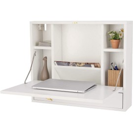 Table, Multifunctional Folding Hanging Cabinet, Space Saving Computer w/Storage Drawer & Shelves, Wall Mount Laptop Desk, Home Office, White