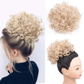 Yinmei Baibian Brown Blonde Messy Bun Hair Piece Loose Wavy Drawstring Bun Hair Short Synthetic Curly Ponytail Extension for Women (80G, 18H613#)