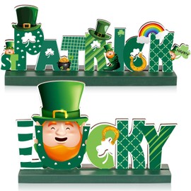 Blulu 2 St. Patrick Table Decorations, Lucky Table Centerpiece Cute Leprechaun Shamrock Sign Wooden St. Patrick Happy for Dinner Party Coffee Irish Table Topper, 5.9 x 2.55 Inch