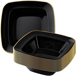 DecorLine Contour Collection Elegant Black Plastic Soup Bowls with Gold Rim - 12 oz (Pack of 10), Ideal for Parties Celebrations & Special Occasions