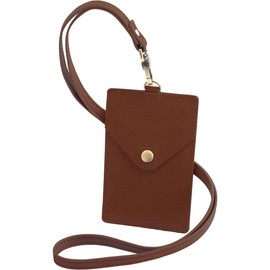 RafiCaro Vertical ID Card Holder, Genuine Leather, Italian Leather, Neck Strap, Pass Case, ID Case, Name Holder, IC Card, Commuter Pass Card, Employee ID, Dark Brown