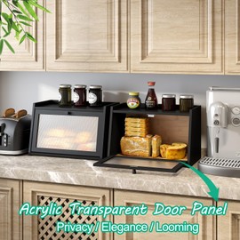 kiplant Bread Box for Kitchen Counter, Large Bamboo Bread Storage Container with Wavy Arcylic Transparent Door, Bamboo Wooden Farmhouse Bread Box for Your House (Black)