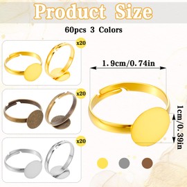 TIESOME 60 Pcs Adjustable Blank Rings, Flat Base Blank Ring with 1cm Round Pad for DIY Jewelry Making(Gold Silver Copper)